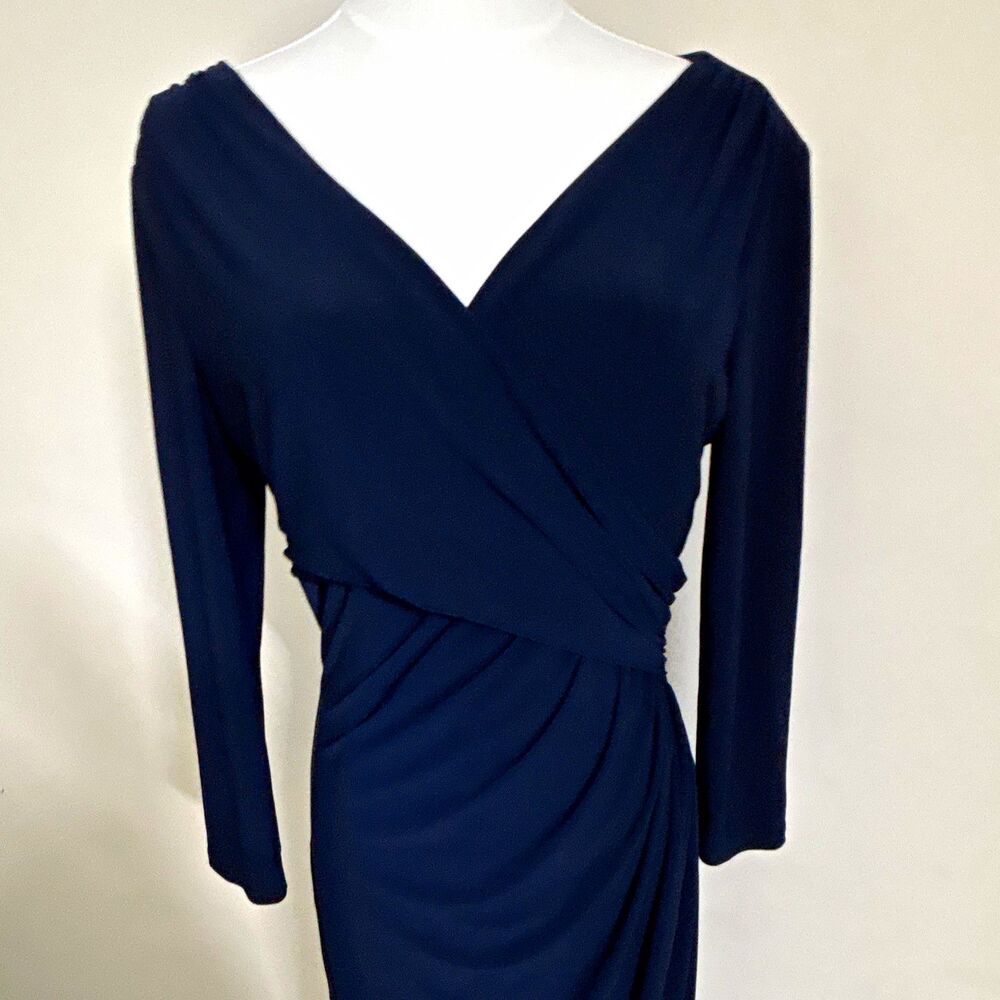 Lauren Ralph Lauren Womens Navy V-Neck Ruched Knit Sheath Dress 8 Stretch 724